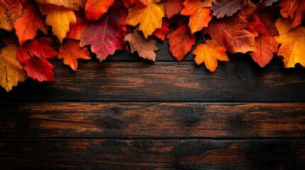 Rustic wooden table with colorful autumn leaves scattered, creating a cozy fall scene.