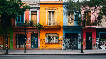 A Latin American city center with colorful buildings but shuttered businesses graffiti marking the economic strife.