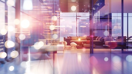 Fototapeta premium Futuristic office lounge captured low light with glowing furniture and digital installations blurred through a bokeh effect to enhance the futuristic vibe