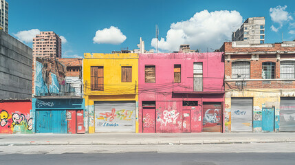 A Latin American city center with colorful buildings but shuttered businesses graffiti marking the economic strife.