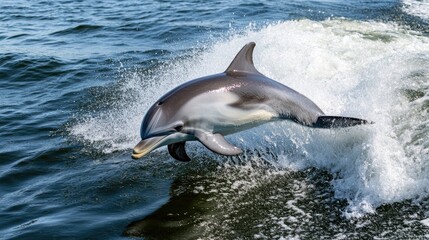 Fototapeta premium A dolphin riding the bow wave of a boat, playfully surfing through the ocean waves, embodying the joy and excitement of marine adventures.