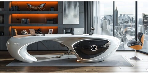 Fototapeta premium Hightech home office a smart desk interactive wall displays and AIpowered work tools integrated into the furniture
