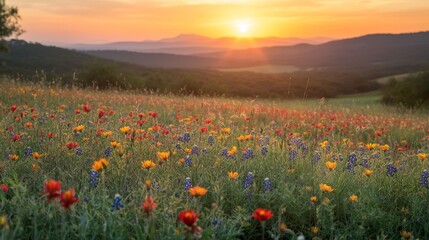 At sunset, a vibrant wildflower field displays a stunning array of blossoms in a serene setting