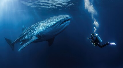 Naklejka premium A dramatic shot of a diver swimming alongside a massive whale shark, highlighting the majesty of these gentle giants in their natural habitat.