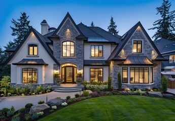 A luxury home in the Pacific Northwest, an exterior shot at blue hour, with grass and wildflowers in the front yard, high-end architecture, large windows, stone accents, white stucco walls, black roof