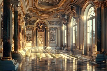 Obraz premium A realistic fantasy interior of the royal palace. golden palace. castle interior. Fiction Backdrop. concept art. generative ai