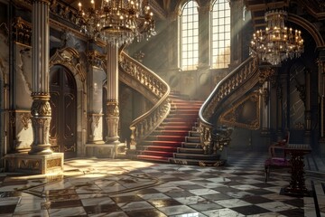Fototapeta premium A realistic fantasy interior of the royal palace. golden palace. castle interior. Fiction Backdrop. concept art. generative ai