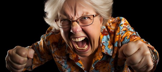An elderly woman expressing anger during a lively debate at home in the evening