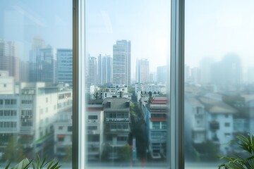 Minimalist home office desk shot through frosted glass window creating a soft blurry filter effect that highlights the clean lines and modern design
