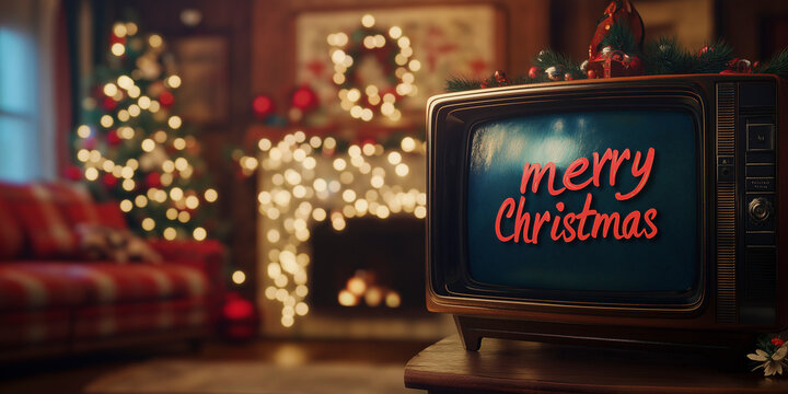 A nostalgic 90s television displays festive cheer with merry christmas in a cozy, decorated living room during the holiday season