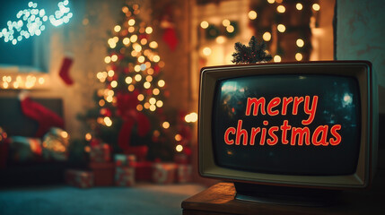 A nostalgic 90s television displays festive cheer with merry christmas in a cozy, decorated living room during the holiday season