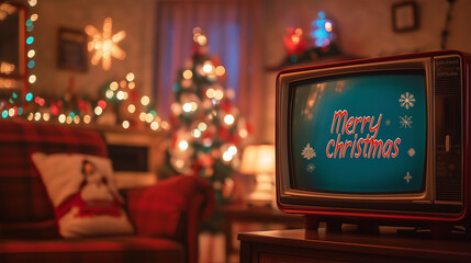 A nostalgic 90s television displays festive cheer with merry christmas in a cozy, decorated living room during the holiday season