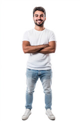 Naklejka premium Young Turkish man smiling in white t-shirt on white background. Studio photography. Mockup Template