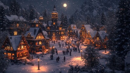 Obraz premium Peaceful snowy Christmas village with glowing cottage lights