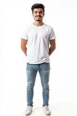 Fototapeta premium Young Turkish man smiling in white t-shirt on white background. Studio photography. Mockup Template