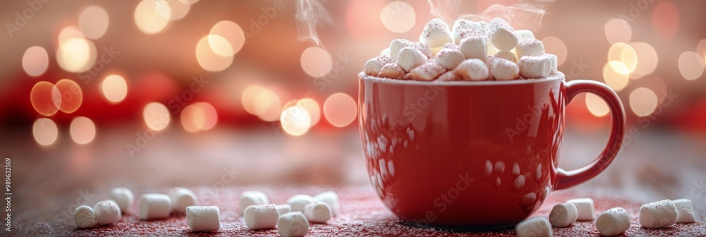 Wall mural Cozy Hot Cocoa in a Festive Atmosphere, steaming mug, fluffy marshmallows, warm ambiance, soft holiday decorations, inviting winter scene