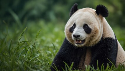 Fototapeta premium Panda sitting upright in natural habitat with grass and plants around