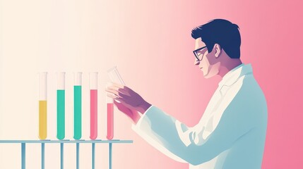 Obraz premium Precision Medicine Research - Scientist Analyzing Test Tubes in Minimalist Design on Pastel Background