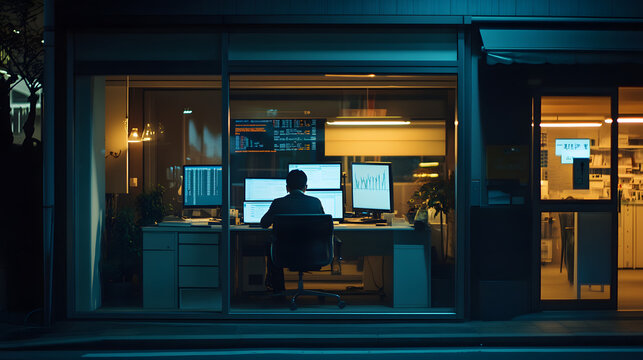 A nighttime scene of a small office building the only illuminated room showing an analyst working late surrounded by financial charts.