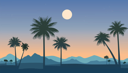 Print Lush palm silhouettes against a dusk sky in joshua tree national park