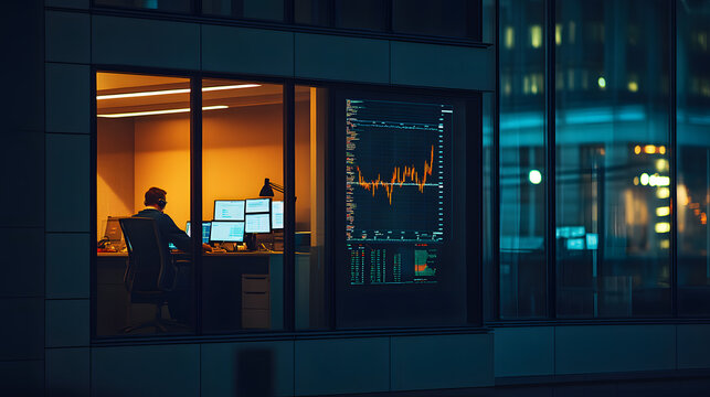 A nighttime scene of a small office building the only illuminated room showing an analyst working late surrounded by financial charts.