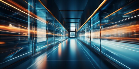 Motion blur capturing futuristic office environment with smart glass walls and glowing neon paths creating a fastpaced futuristic vibe