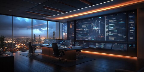 Fototapeta premium Motionblurred capture of smart office with interactive wall displays emphasizing the dynamic flow of digital information in a techforward workspace