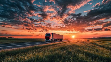 On a calm country road, two trucks pass each other under a breathtaking sunset sky.