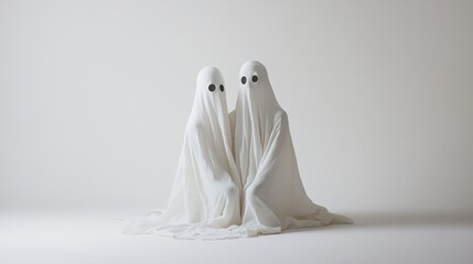 Two ghost-like figures in white fabric with large black eyes, sitting together on a plain background.