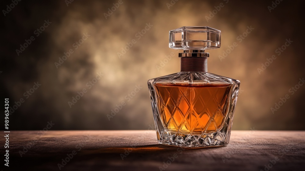 Wall mural A beautifully designed glass perfume bottle filled with amber liquid, set against a moody background.