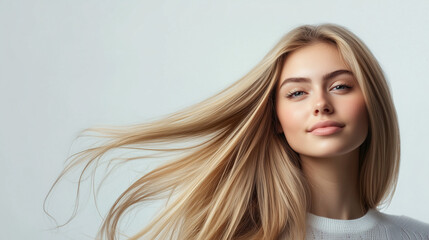 Naklejka premium blond girl with long shiny hair on a white background, shampoo advertising
