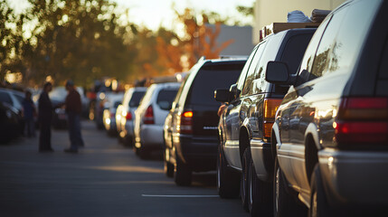 Fototapeta premium A queue of cars at an American food distribution center volunteers loading supplies into trunks.