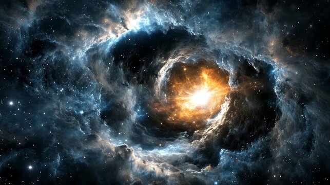 Wormhole opening in the Oort Cloud connecting two galaxies with a quasar shining bright and cosmic microwave background radiation visible