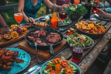 Backyard dinner table have a tasty grilled BBQ meat, Salads and wine with happy joyful people on background.