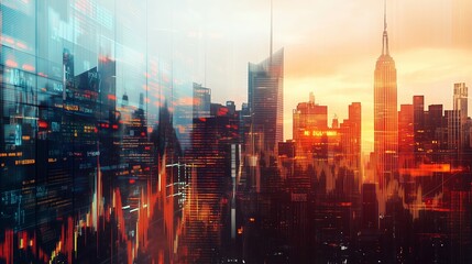 Fototapeta premium Dramatic skyline view of New York City at sunset with stock market data overlays illuminating cityscape