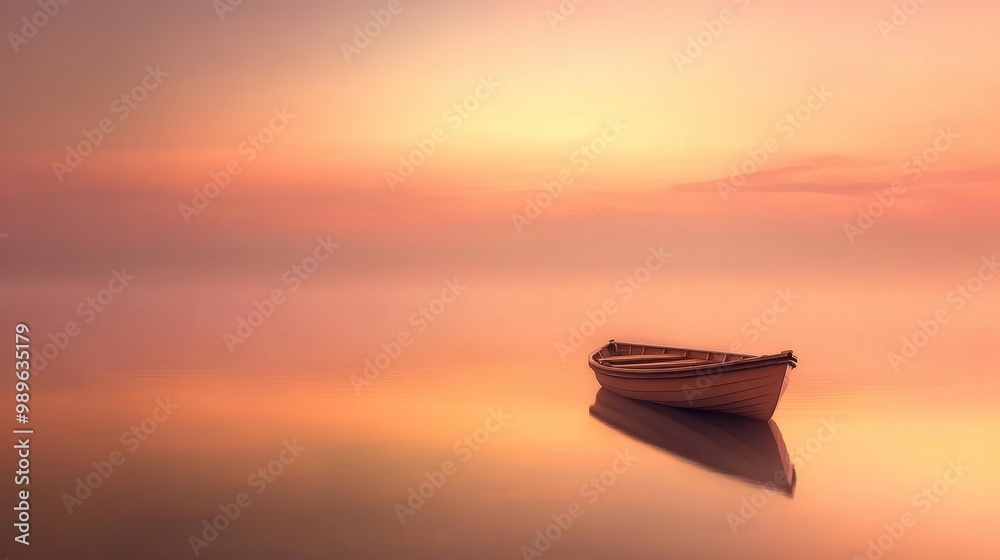 Poster A serene boat floats on calm waters at sunset, reflecting warm colors in the sky.