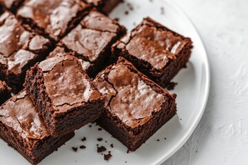 Professional food photography shot of vegan brownies. The brownies are rich and fudgy with a slightly cracked top and moist, gooey center. They are cut into neat square pieces.