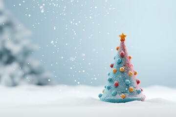 Obraz premium A colorful snow-covered Christmas tree with decorations amidst falling snowflakes