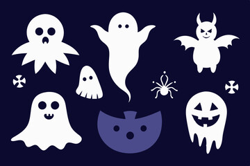 Halloween. Ghosts icon set. Collection of various scary and funny ghosts and animal ghosts. Magic symbols for parties, celebrations, templates and decorations. Isolated silhouette. Vector