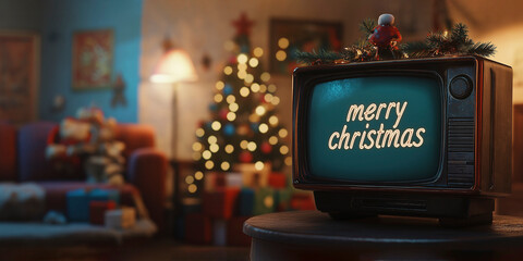 A nostalgic 90s television displays festive cheer with merry christmas in a cozy, decorated living room during the holiday season