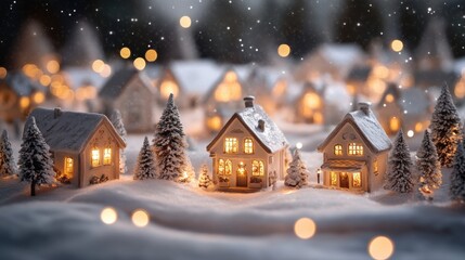 Fototapeta premium Peaceful snowy Christmas village with glowing cottage lights
