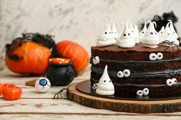 Sweet Halloween cake decorated with meringue ghosts, spiders, candies and pumpkins on white wooden table
