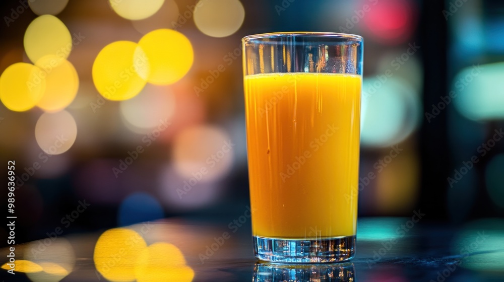 Poster A refreshing glass of orange juice on a table with a blurred background.