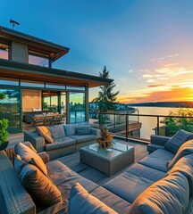 Beautiful home exterior with luxury outdoor patio at sunset in Washington state, USA. Modern deck of comfortable sofas overlooking the city and water view. High angle shot with copy space.