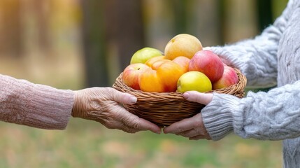 Two people holding a basket of apples and oranges, AI