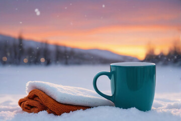mug of coffee on the snow