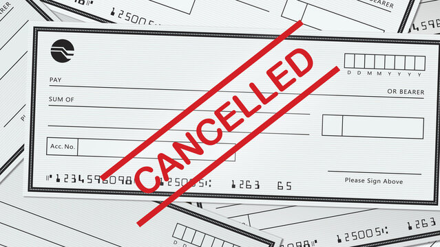 Bank check illustration stamped with red CANCELLED text across the front, financial voided document vector graphic concept.