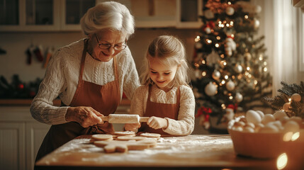 A grandmother and granddaughter in aprons prepare gingerbread cookies together, rolling out the dough with a rolling pin against the backdrop of a kitchen with a Christmas tree.