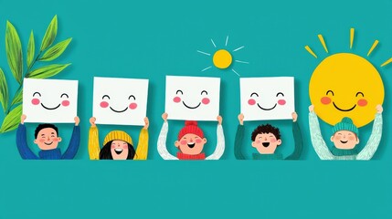 Diverse Group of Friends Celebrating World Smile Day with Hand-Drawn Smiling Faces on Signs