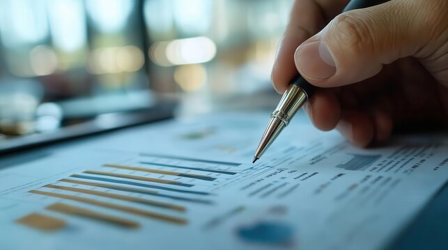 Financial reporting in progress with charts and reports being reviewed by analysts, analytical style, sharp focus